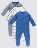 3 Pack Long Sleeve Pure Cotton Sleepsuits