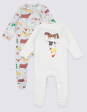 2 Pack Pure Cotton Embroidered Sleepsuits