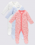 3 Pack Long Sleeve Pure Cotton Sleepsuits