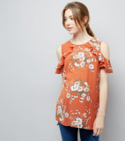 Maternity Orange Floral Frill Cold Shoulder