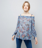 Maternity Blue Floral Print Shirred Cold Shoulder Top